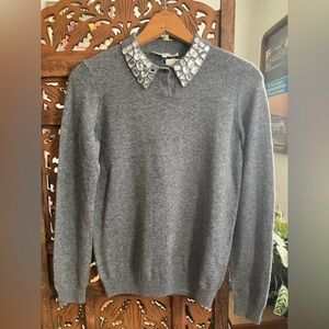 Sofia Cashmere grey cashmere wool blend sweater, collar and gemstone detail